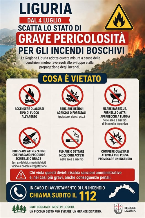 Stato di grave pericolosità per gli incendi boschivi in tutta la Regione Liguria