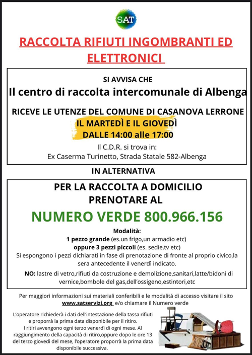 Possibilità di smaltire rifiuti ingombranti ed elettrici. 
Martedì e giovedì dalle 14:00 alle 17:00,
Presso lex Caserma Turinetto, strada statale 582 - Albenga.
